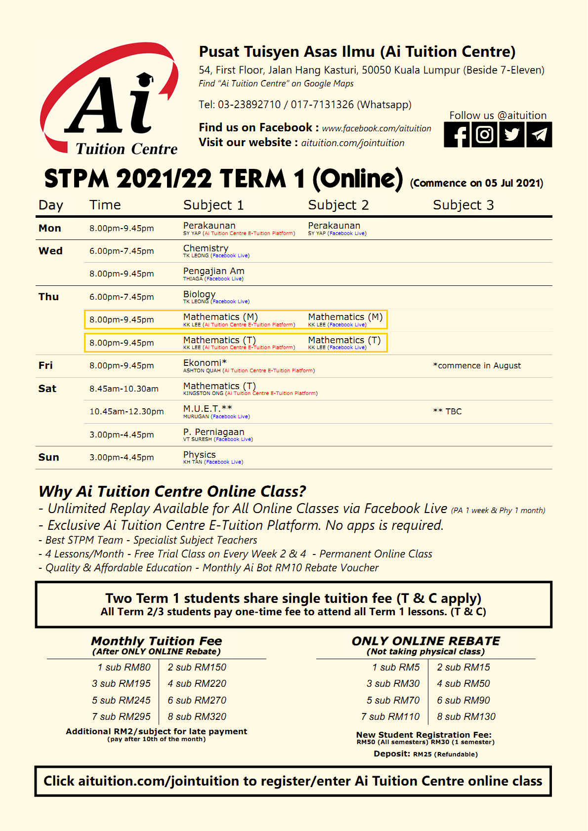 STPM Term 1 July Intake Online Class Timetable