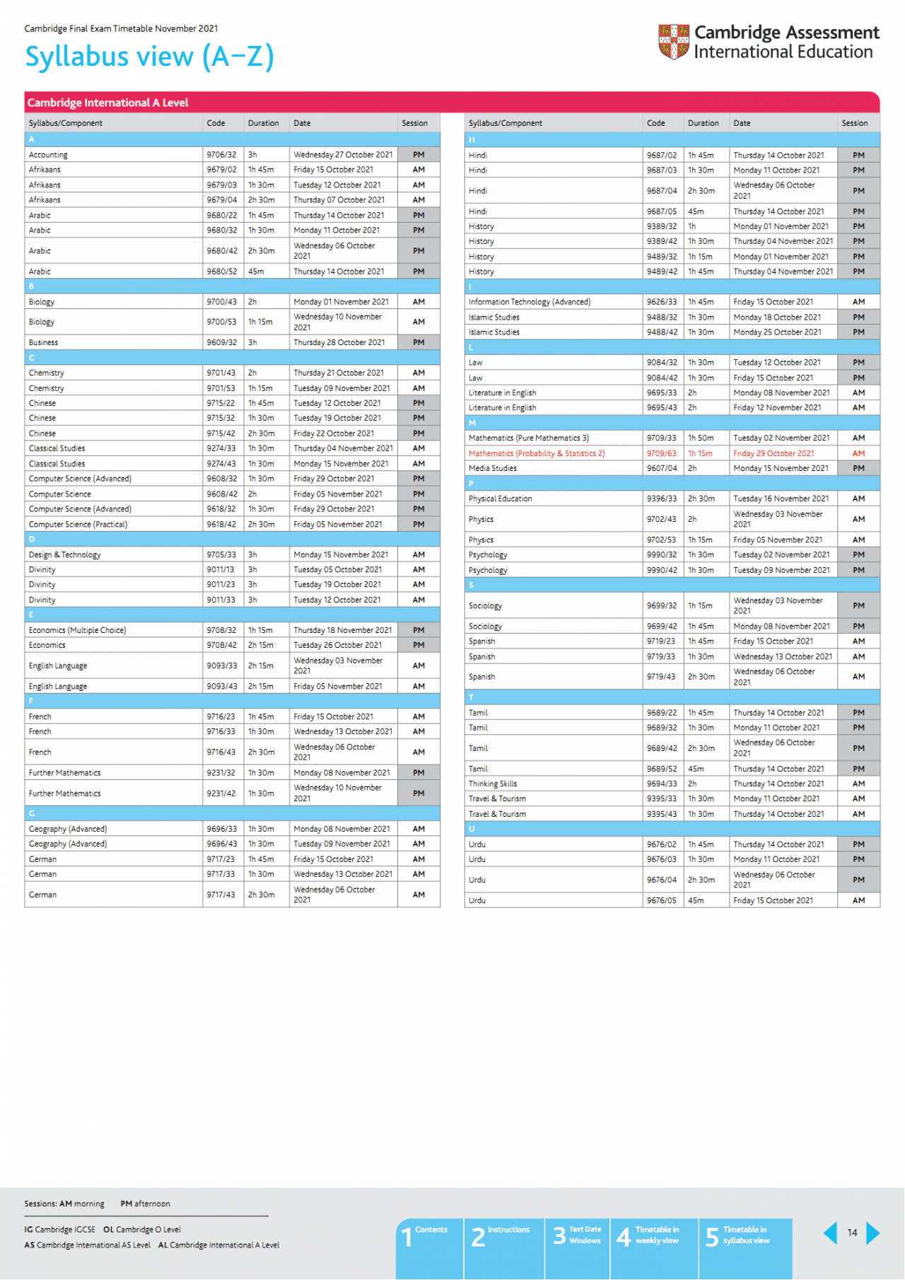 2021 oct nov caie a level exam timetable