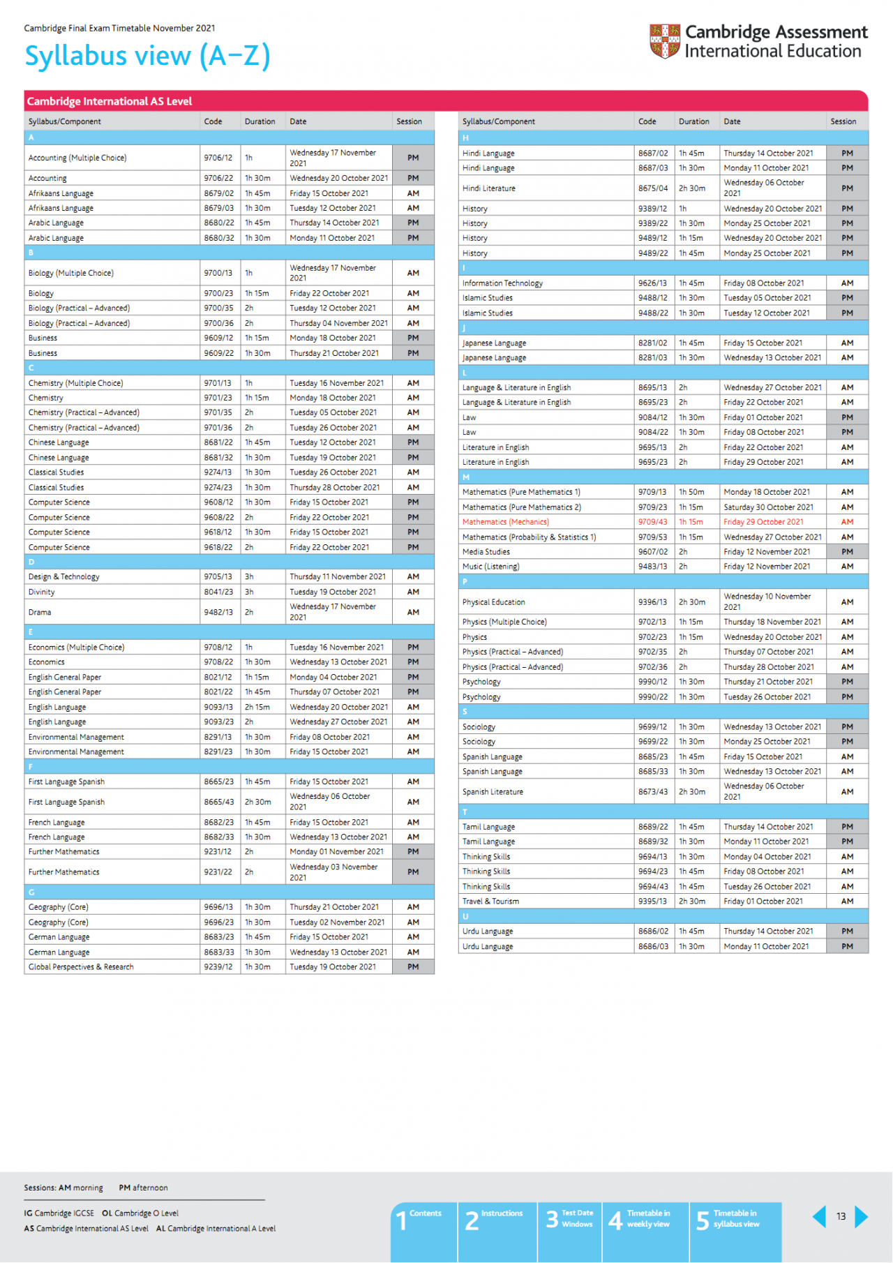 2021 Oct/Nov CAIE A LEVEL Exam Timetable