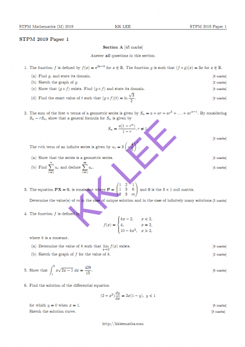 STPM 2019 MM Paper 1 Question - KK LEE MATHEMATICS