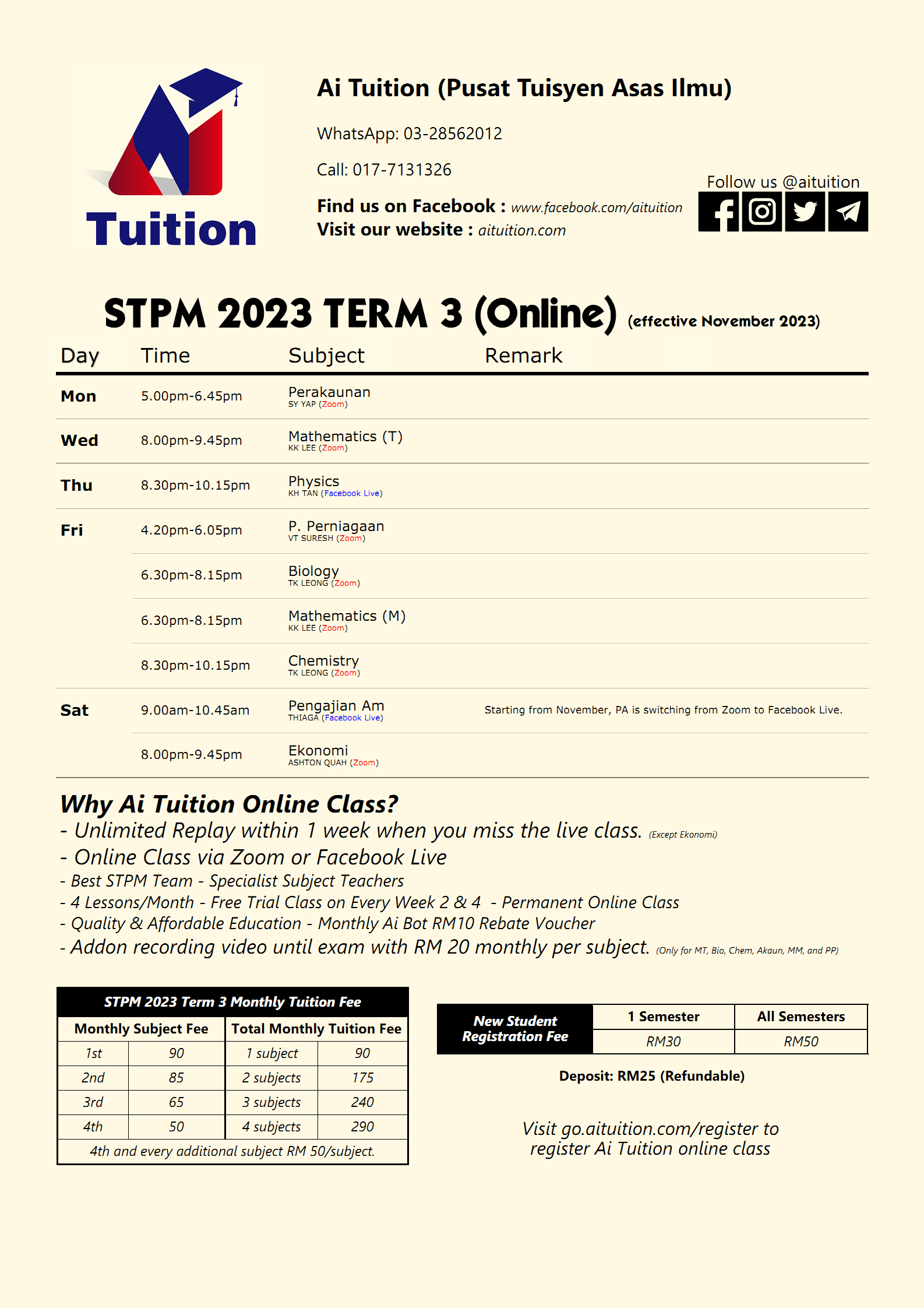 STPM Term 3 Tuition Timetable