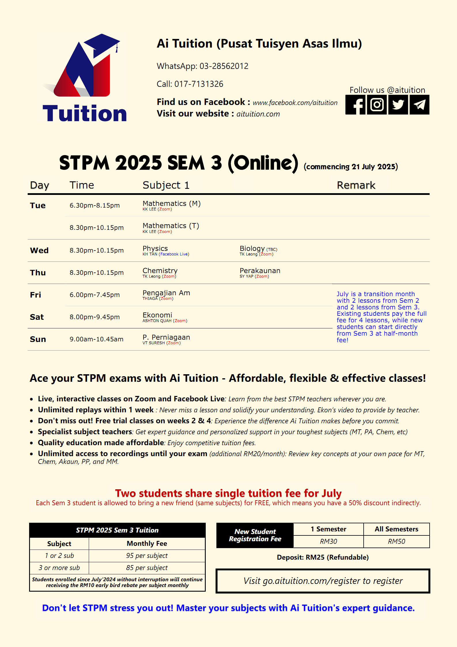 2025 07 Sem 3 Timetable STPM Term 2 Mathematics Tuition Timetable by KK LEE
